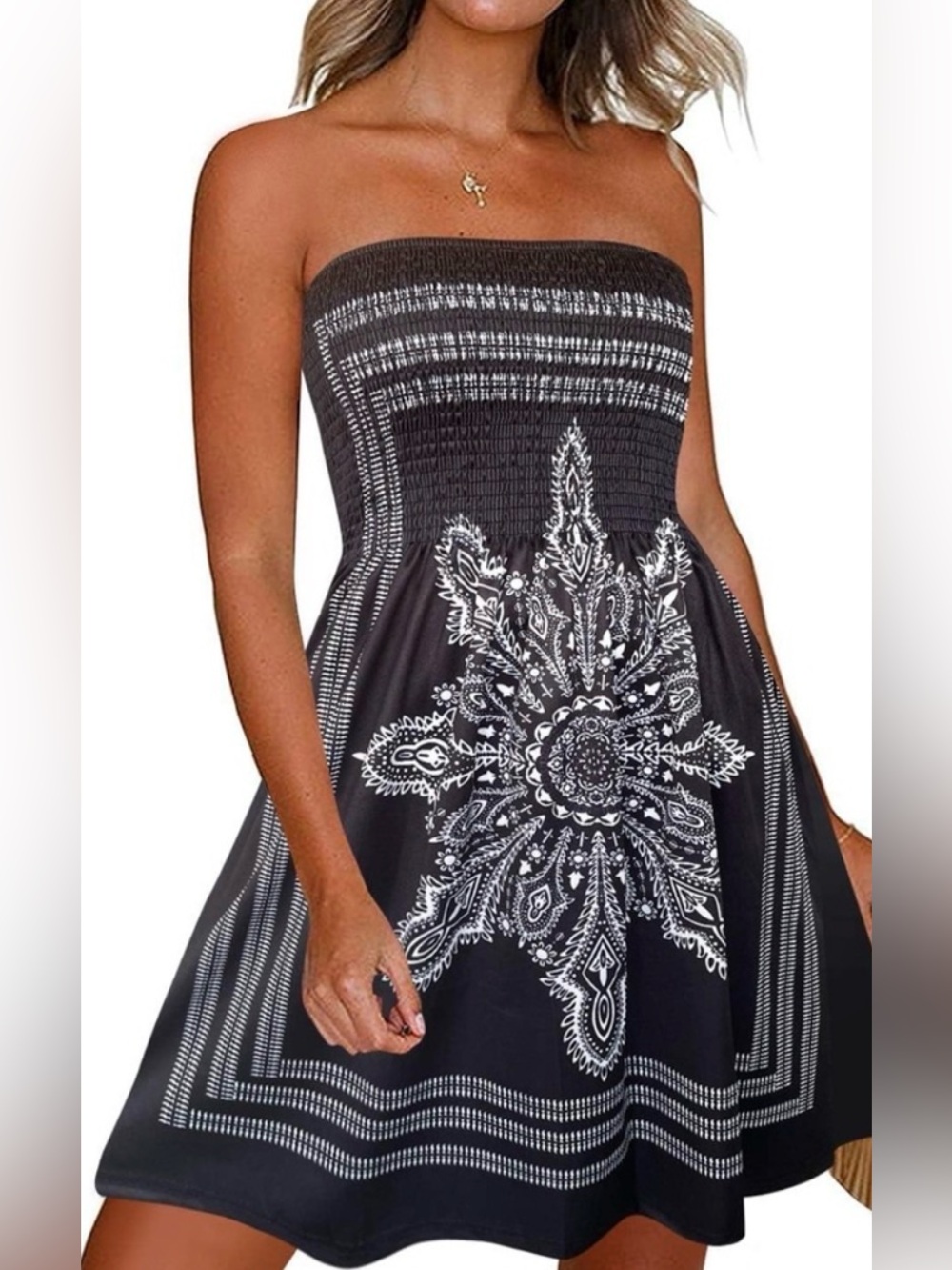 Venus Strapless Black & White Boho Print Dress NWOT Size L